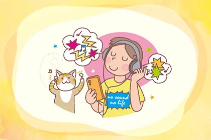 ヘッドホンをした男性と猫のイラスト