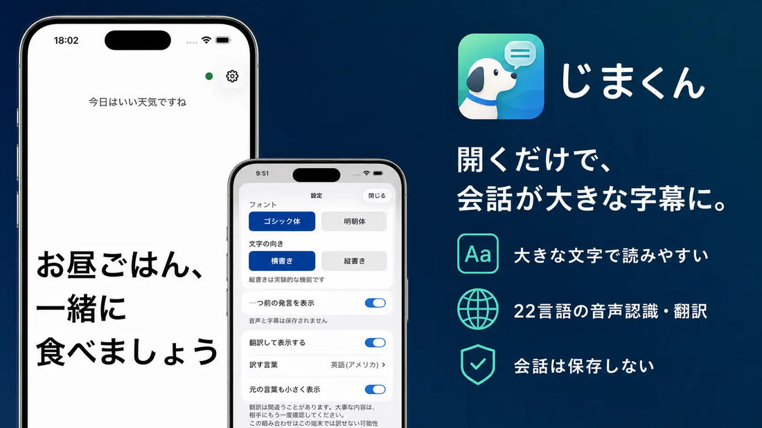 大きな文字、22言語対応、会話を保存しない設計を紹介する機能説明画像