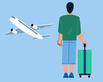 飛行機とスーツケースを持った男性のイラスト
