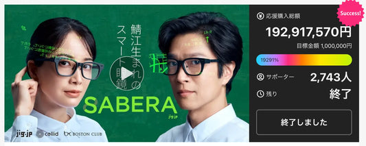 バナー「次世代スマート眼鏡「SABERA」、Makuake購入総額1.9億円・2,700名超を達成」