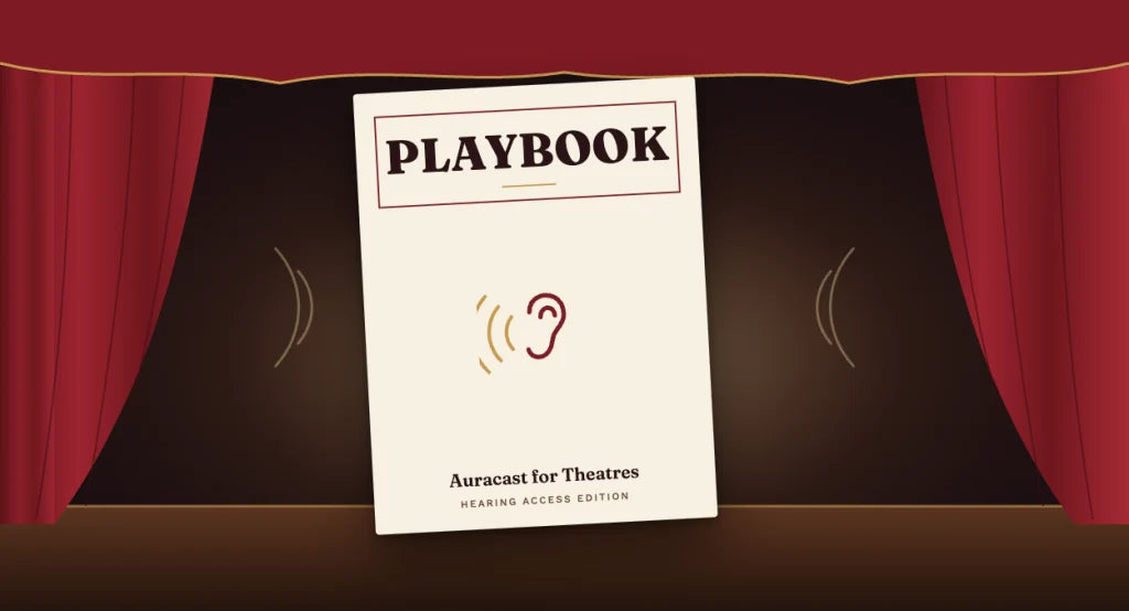 赤い幕のかかった舞台の前に置かれた、「PLAYBOOK」（劇場向けオーラキャスト）と題された劇場プログラムのイラスト。