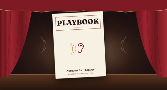 赤い幕のかかった舞台の前に置かれた、「PLAYBOOK」（劇場向けオーラキャスト）と題された劇場プログラムのイラスト。