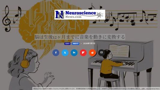 構造化された音楽は生後数ヶ月以内に中立的に解読されるが、背側聴覚経路の生物学的成熟により、自発的な上半身の運動反応は生後12ヶ月の節目に現れる。出典：Neuroscience News