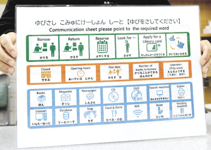 中央図書館のカウンターに置かれている「ゆびさし　こみゅにけーしょん　しーと」