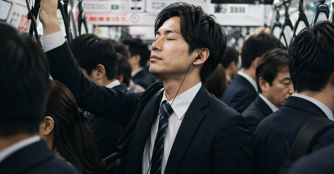 電車の中で目をつむる男性