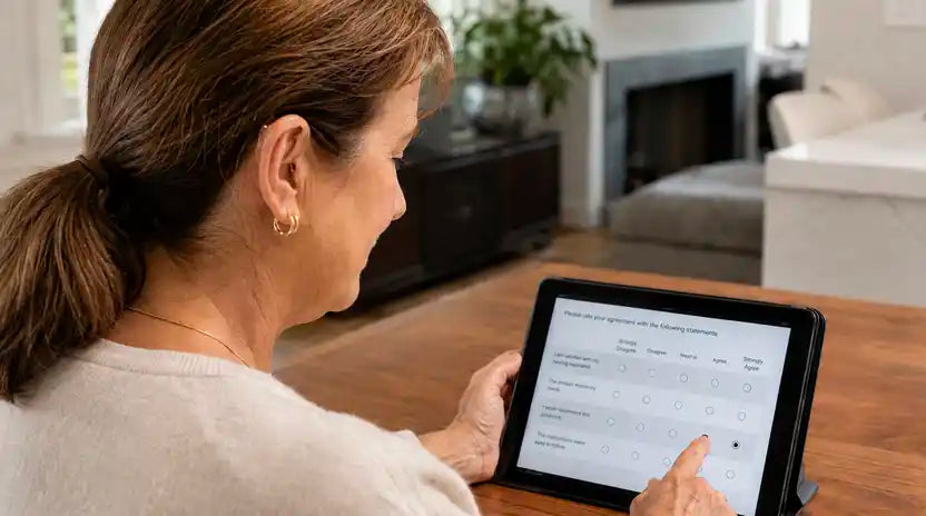 タブレットで聞こえのセルフチェックをする女性